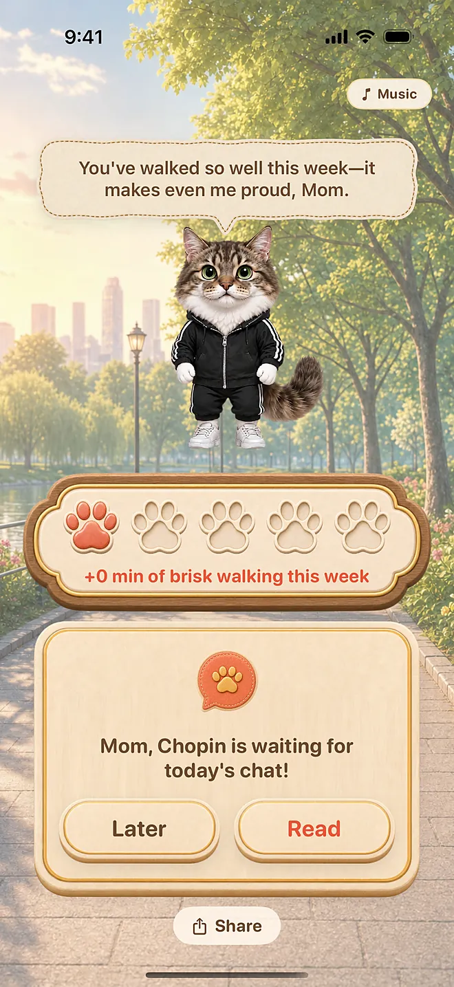 Actual app screen: Finish (today's chat has just arrived)