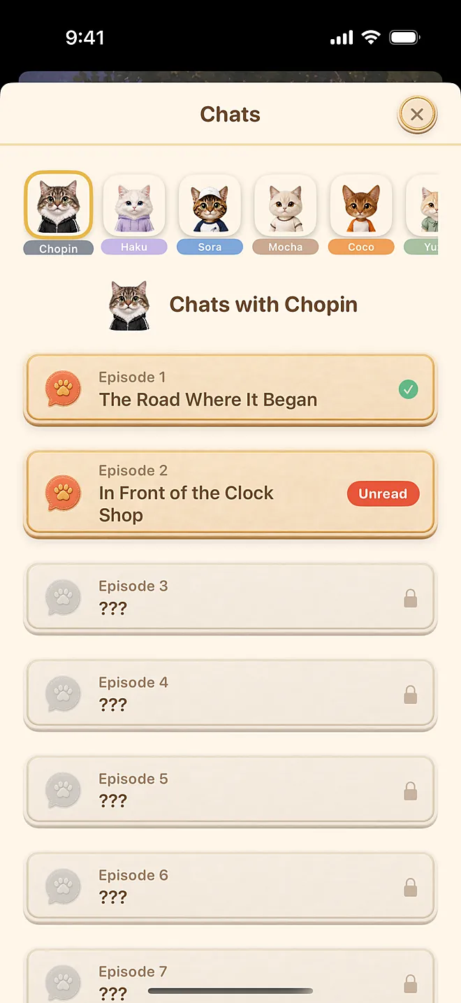 Actual app screen: Chat shelf (as more friends join, you can switch cats)