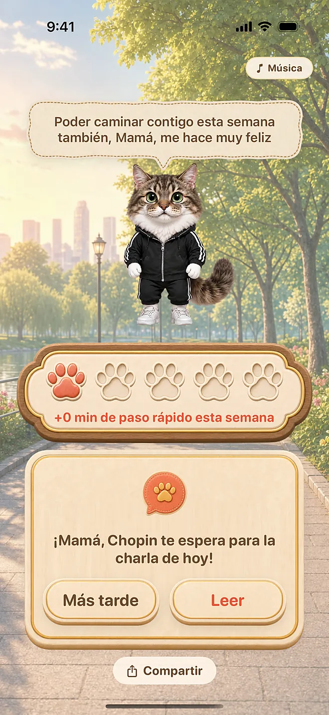 Pantalla real de la app: meta cumplida (llega la charla del día)