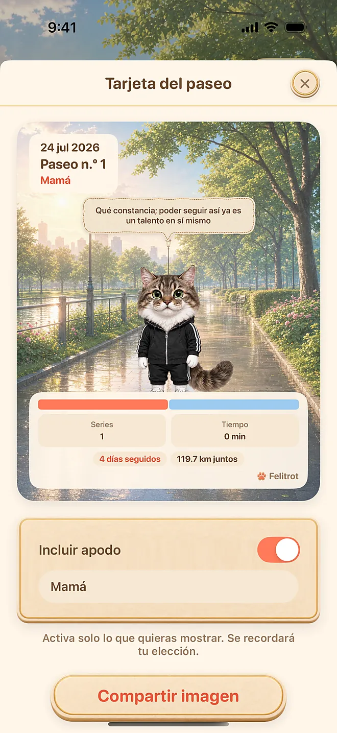 Pantalla real de la app: tarjeta para compartir