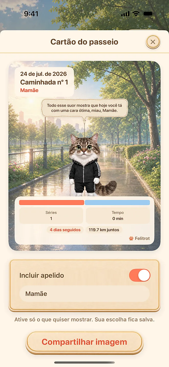 Tela real do app: cartão de compartilhamento