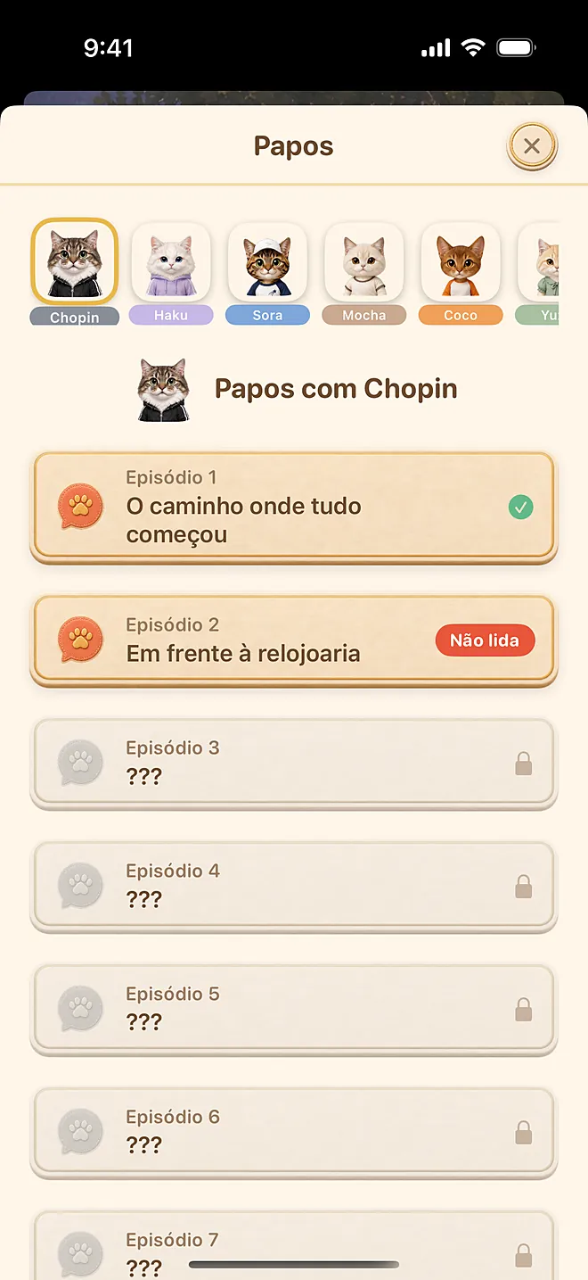 Tela real do app: estante de conversas (com mais amigos, você troca de gato)